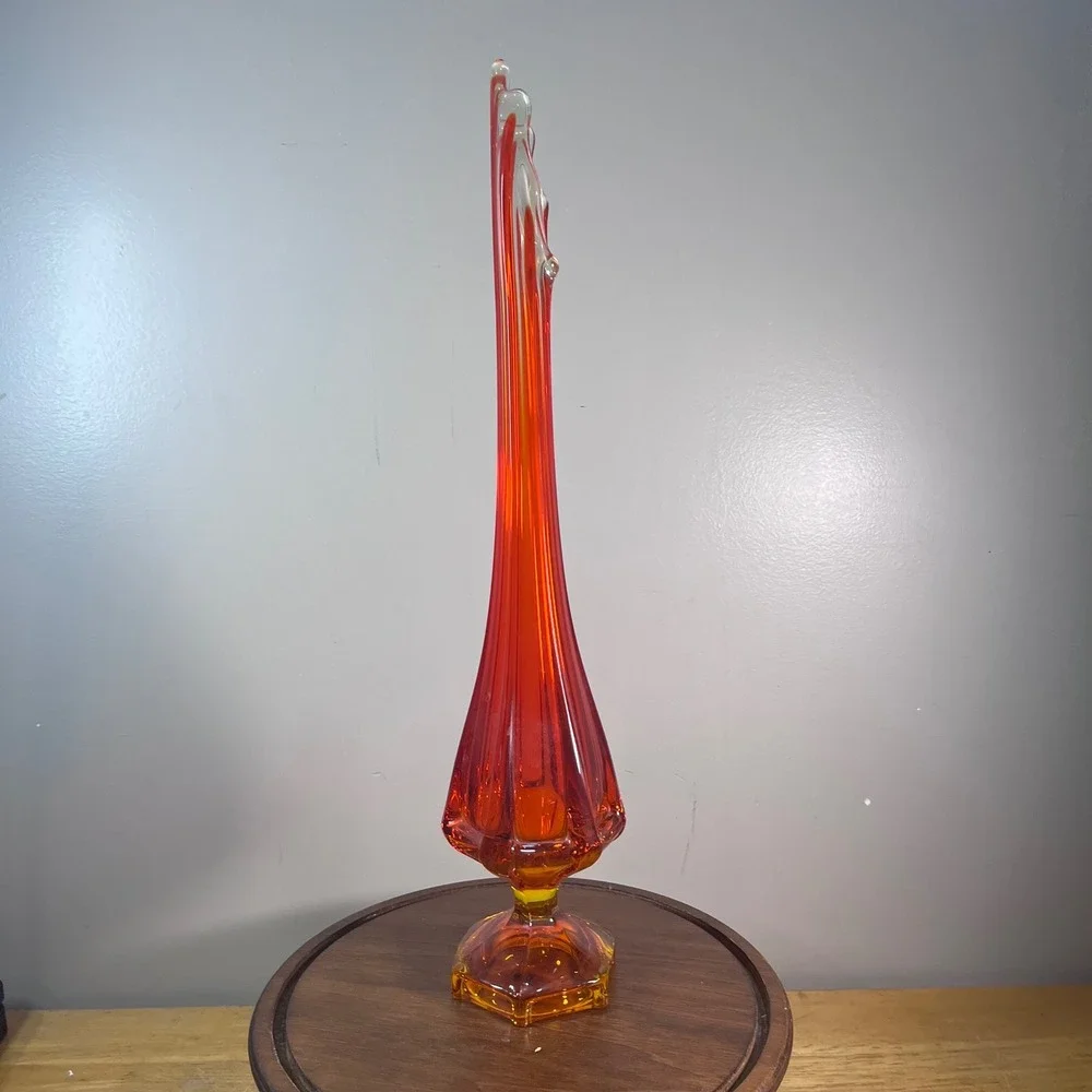 Vtg Viking Epic Column Swung Vase Amberina Orange Glows MCM 19.75